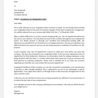Acceptance of a resignation letter