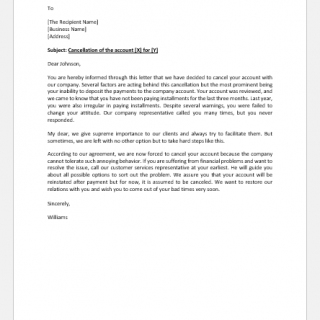 Account Cancellation Letter Due to Non-Payment