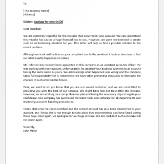 Apology letter for mistake occurred in an account