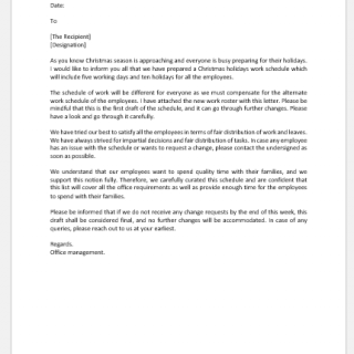Christmas holidays work schedule announcement letter