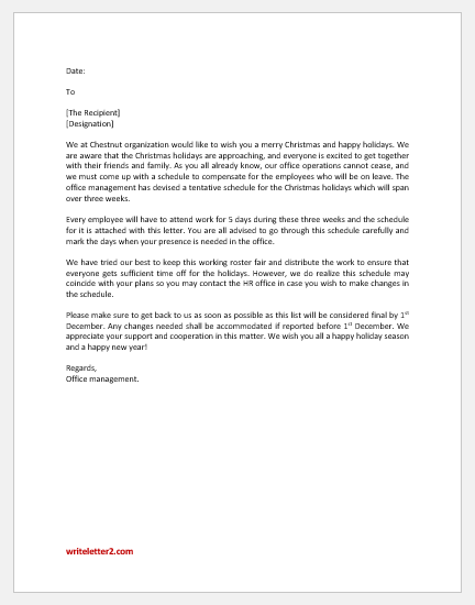Christmas holidays work schedule announcement letter