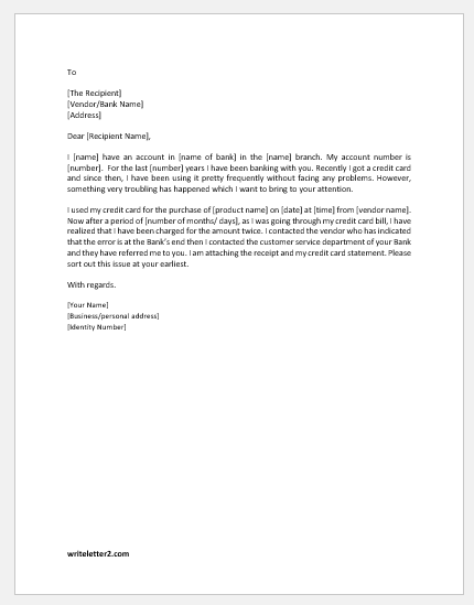 Double charge on credit card correction letter