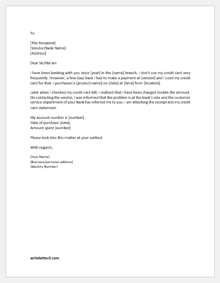 Double charge on credit card correction letter