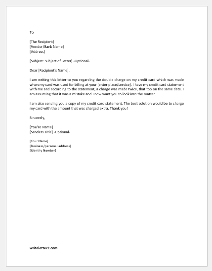 Double charge on credit card correction letter
