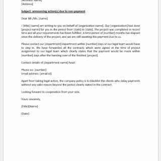 Letter Announcing Action(s) against a Client Due to Non-Payment