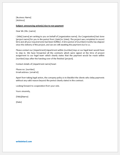 Letter Announcing Action(s) against a Client Due to Non-Payment