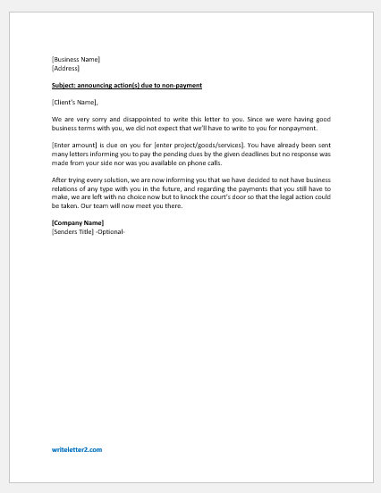 Letter Announcing Action(s) against a Client Due to Non-Payment