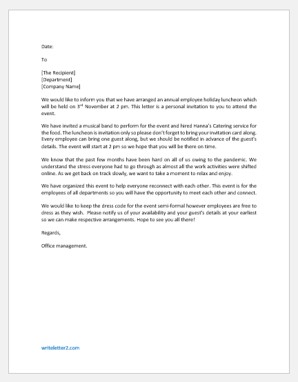 Letter Announcing Annual Employee Holiday Luncheon