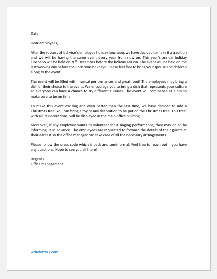 Letter Announcing Annual Employee Holiday Luncheon