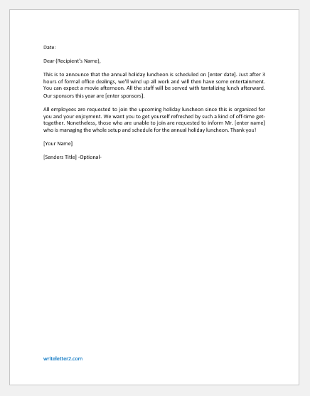 Letter Announcing Annual Employee Holiday Luncheon