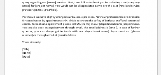 Letter Announcing Availability by Appointment Only