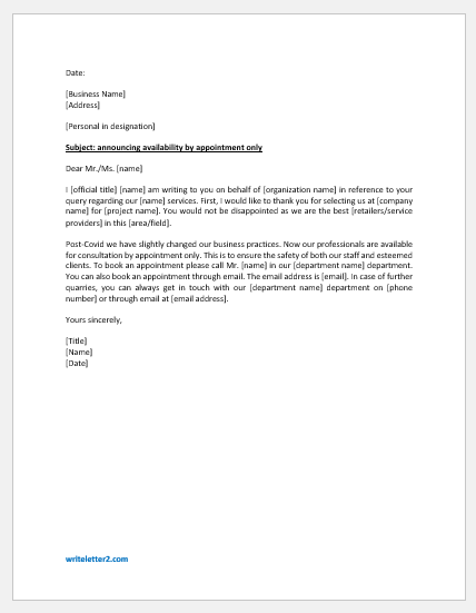 Letter Announcing Availability by Appointment Only