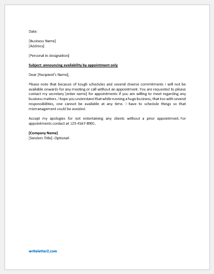 Letter Announcing Availability by Appointment Only