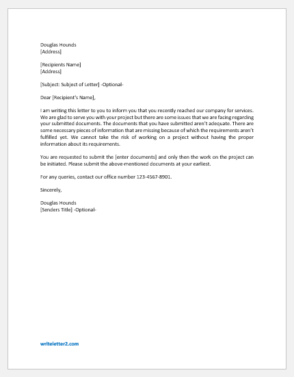 Letter Asking a client to Submit more Documents