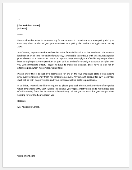 Letter from Client to Cancel Insurance Policy