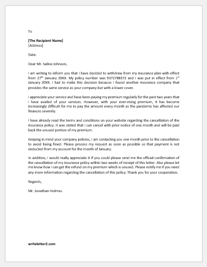 Letter from Client to Cancel Insurance Policy