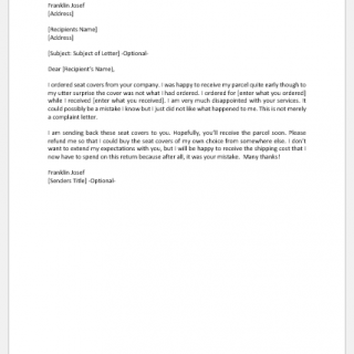 Letter notifying that wrong seat covers are returned