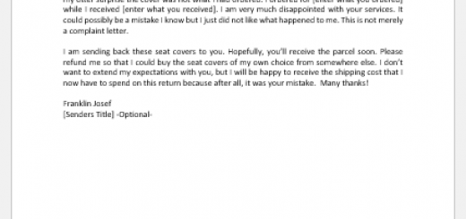 Letter notifying that wrong seat covers are returned