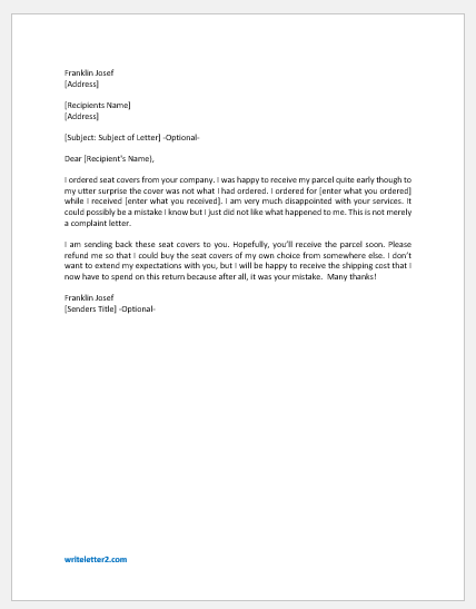 Letter notifying that wrong seat covers are returned