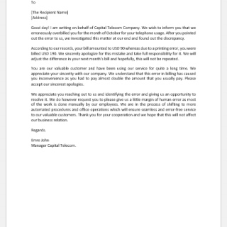 Letter to Apologize for Incorrect Billing
