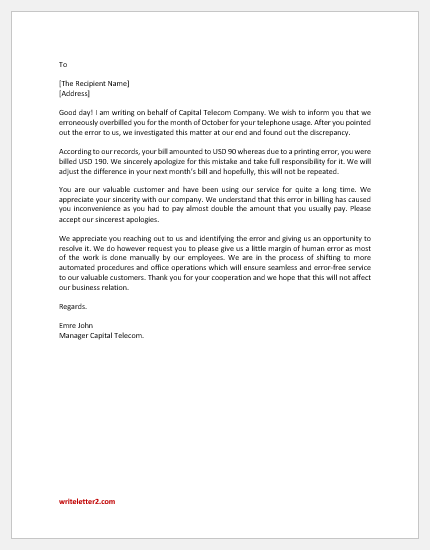 Letter to Apologize for Incorrect Billing