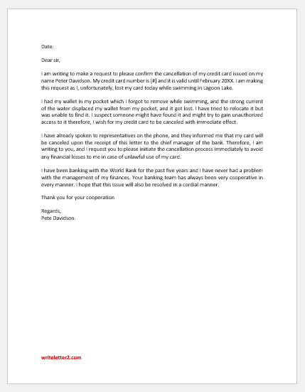 Letter to Confirm Cancellation of Lost Credit Card