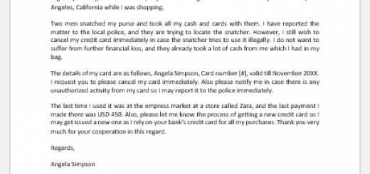 Letter to Confirm Cancellation of Lost Credit Card