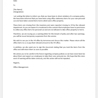 Letter to Criticize an Employee for the Breach of a Policy