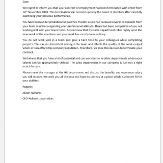 Letter to Terminate Employment Due to Lack of Teamwork