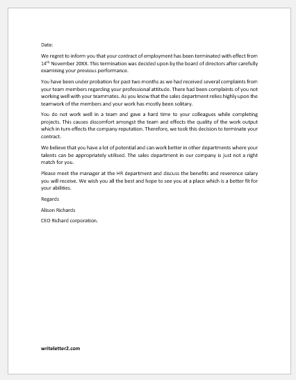 Letter to Terminate Employment Due to Lack of Teamwork