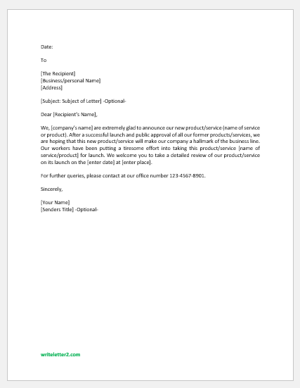 New product or service announcement letter