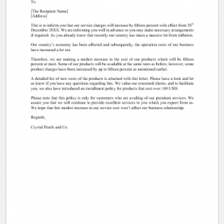 Price increase announcement letter to client