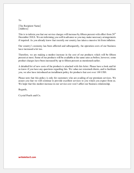 Price increase announcement letter to client