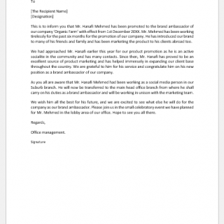 Promotion and Transfer Announcement Letter of Employee