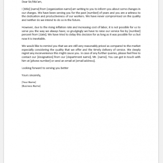 Service fee amount increase announcement letter