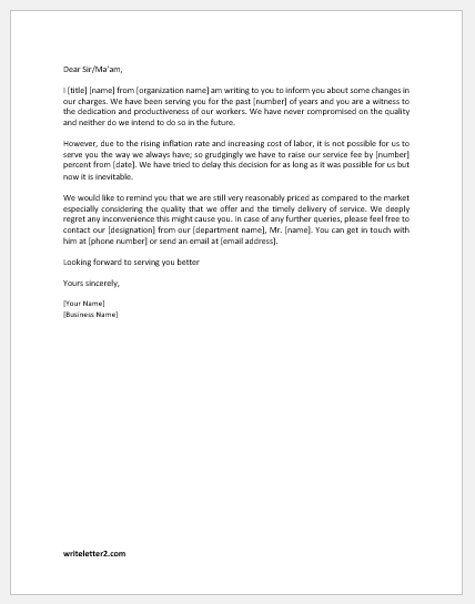 Service fee amount increase announcement letter