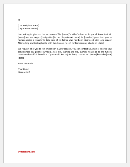 Letter Announcing Death of an Employee's Father