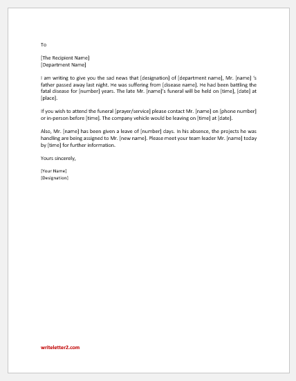 Letter Announcing Death of an Employee's Father