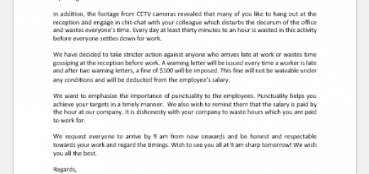 Letter Giving Advice to Subordinates about Punctuality