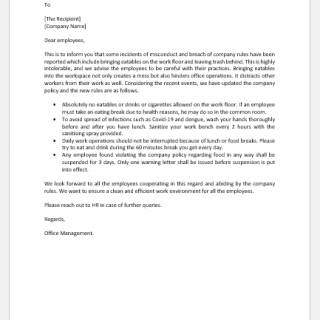 Letter Persuading Employees to Avoid Eatables on Work Floor