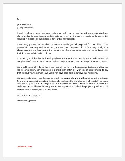 Letter of Appreciation to Staff