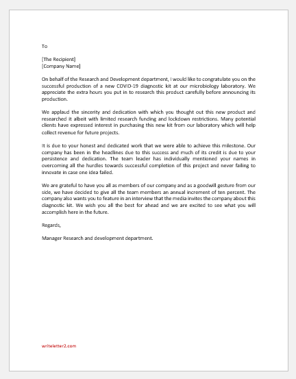 Letter of Appreciation to Staff