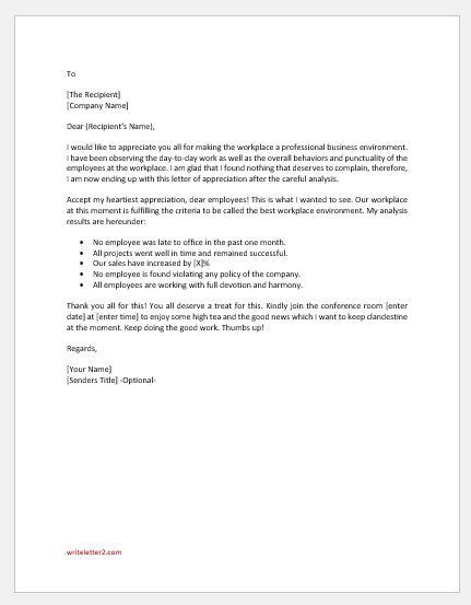 Letter of Appreciation to Staff