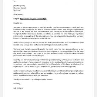 Letter of appreciation for good services