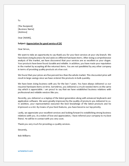 Letter of appreciation for good services
