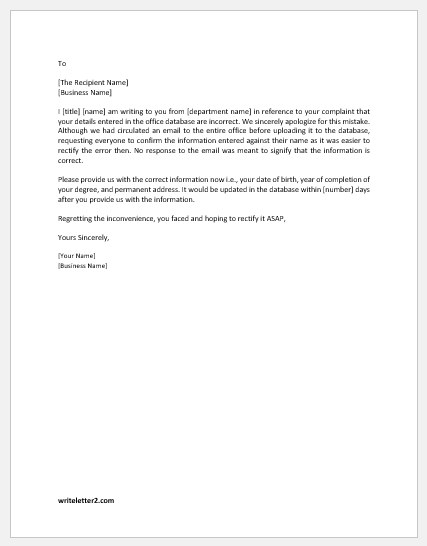 Letter to Confirm that an Error will be Corrected