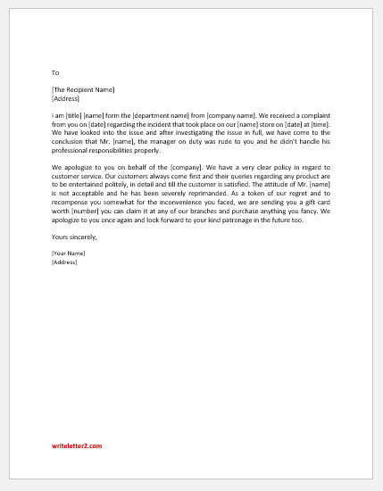Letter to Respond to Complaint on Manager's Attitude