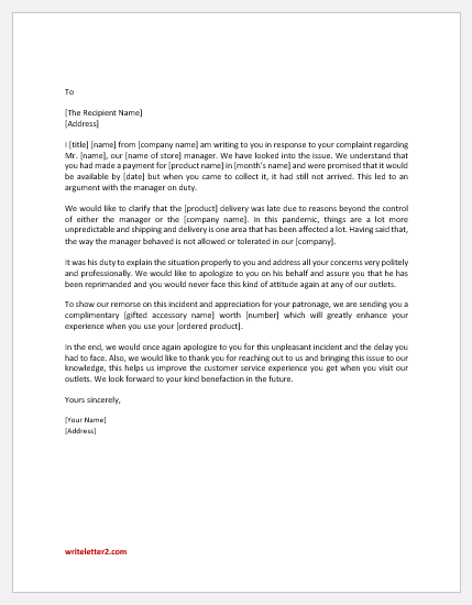 Letter to Respond to Complaint on Manager's Attitude