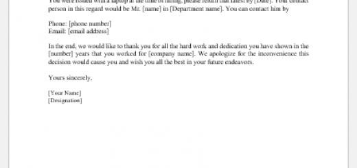 Letter to terminate employment due to workforce reduction