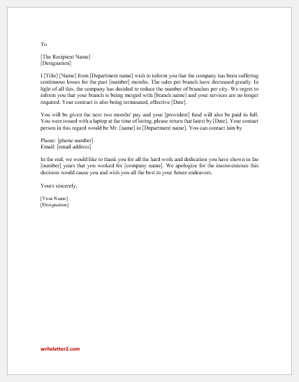 Letter to terminate employment due to workforce reduction